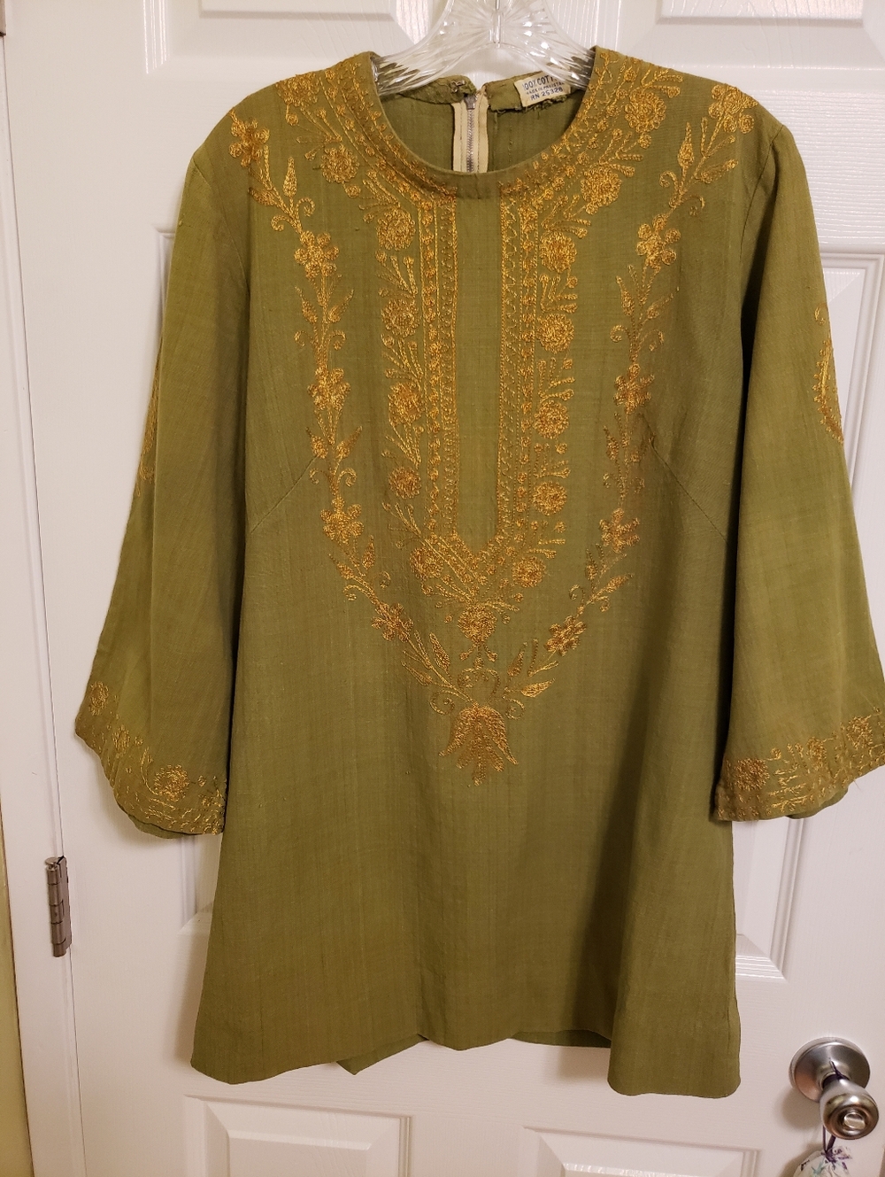 Vintage Pakistani Embroidered Olive Green Tunic Top, Size S Or XS